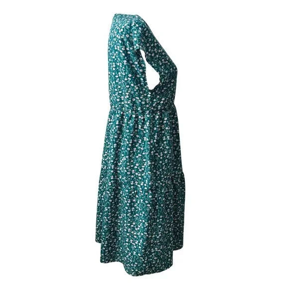 Emery Rose Teal Green Cottagecore Floral Midi Bohemian Dress W/ Short Sleeves M - Picture 4 of 9